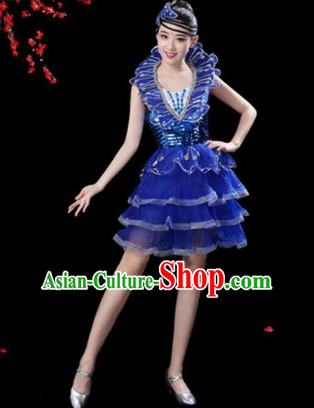 Top Grade Stage Show Costumes Modern Dance Chorus Royalblue Bubble Short Dress for Women