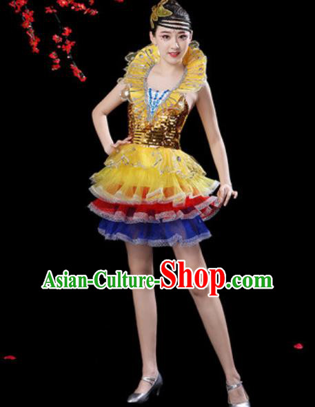 Top Grade Stage Show Costumes Modern Dance Chorus Golden Bubble Short Dress for Women