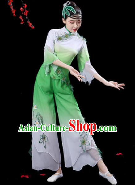 Traditional Chinese Folk Dance Drum Dance Costumes Fan Dance Yangko Green Clothing for Women