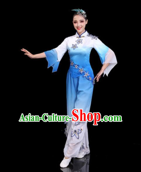 Traditional Chinese Folk Dance Drum Dance Costumes Fan Dance Yangko Blue Clothing for Women