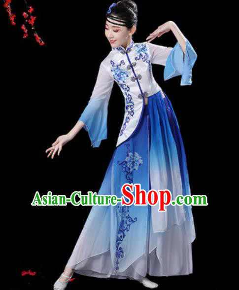 Chinese Classical Dance Umbrella Dance Blue Dress Traditional Group Dance Chorus Costumes for Women