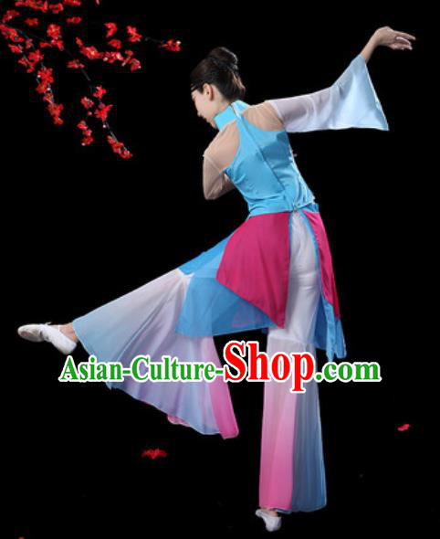 Chinese Classical Dance Blue Dress Traditional Umbrella Dance Fan Dance Costumes for Women