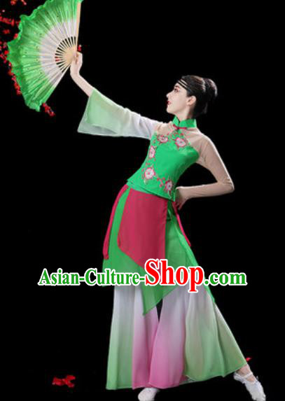 Chinese Classical Dance Green Dress Traditional Umbrella Dance Fan Dance Costumes for Women