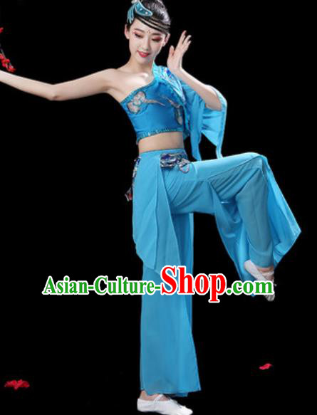 Traditional Chinese Folk Dance Single Sleeve Costumes Fan Dance Yangko Dance Blue Clothing for Women