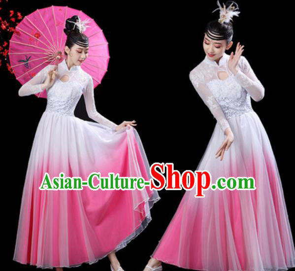 Chinese Classical Dance Chorus Pink Dress Traditional Umbrella Dance Fan Dance Costumes for Women