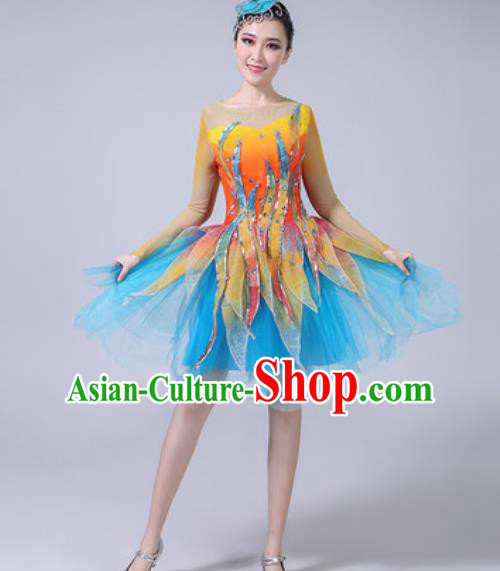 Top Grade Modern Dance Stage Show Costumes Chorus Group Dance Blue Veil Dress for Women