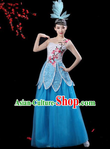 Chinese Classical Dance Blue Veil Dress Traditional Chorus Group Dance Umbrella Dance Costumes for Women