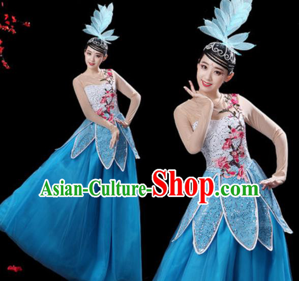 Chinese Classical Dance Blue Veil Dress Traditional Chorus Group Dance Umbrella Dance Costumes for Women