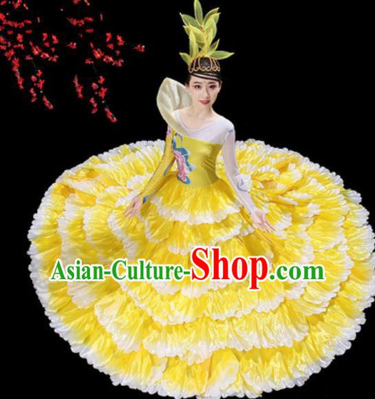 Top Grade Stage Show Group Dance Costumes Modern Dance Chorus Yellow Peony Dress for Women