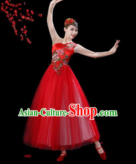 Top Grade Chorus Stage Show Group Dance Costumes Modern Dance Red Veil Dress for Women