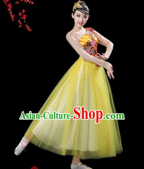 Top Grade Chorus Stage Show Group Dance Costumes Modern Dance Yellow Veil Dress for Women