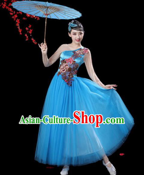 Top Grade Chorus Stage Show Group Dance Costumes Modern Dance Blue Veil Dress for Women