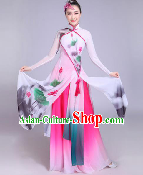 Chinese Classical Dance Printing Lotus Costumes Traditional Group Dance Umbrella Dance Dress for Women