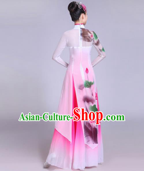 Chinese Classical Dance Printing Lotus Costumes Traditional Group Dance Umbrella Dance Dress for Women