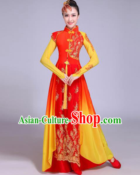 Chinese Classical Dance Costumes Traditional Group Dance Umbrella Dance Red Dress for Women