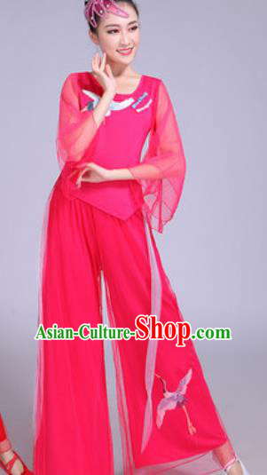 Chinese Traditional Yangko Dance Printing Cranes Costumes Folk Dance Fan Dance Pink Clothing for Women