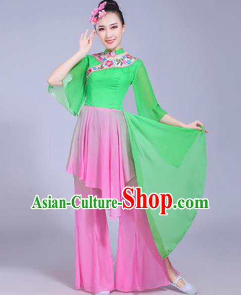 Chinese Traditional Yangko Dance Printing Cranes Costumes Folk Dance Fan Dance Green Clothing for Women