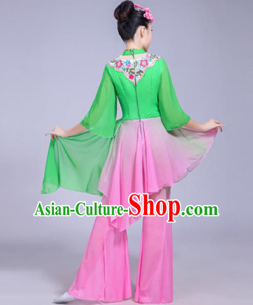 Chinese Traditional Yangko Dance Printing Cranes Costumes Folk Dance Fan Dance Green Clothing for Women