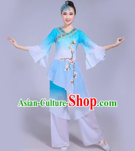 Chinese Traditional Yangko Dance Costumes Folk Dance Fan Dance Blue Clothing for Women