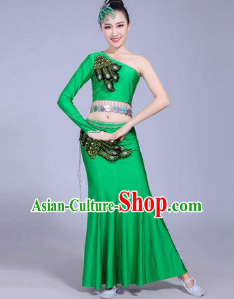 Traditional Chinese Dai Nationality Peacock Dance Costume Folk Dance Ethnic Pavane Green Dress for Women