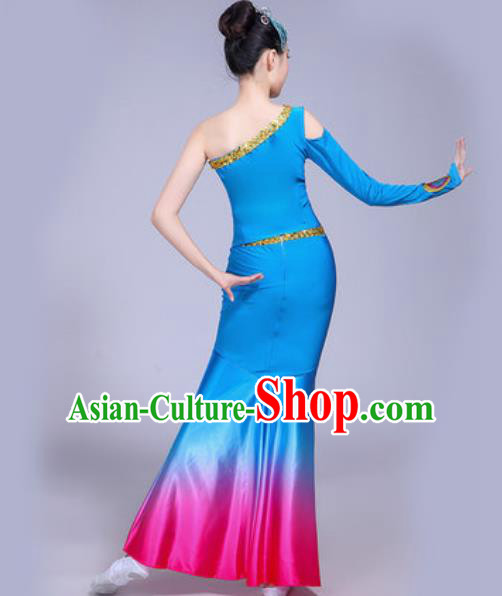 Traditional Chinese Dai Nationality Peacock Dance Costume Folk Dance Ethnic Pavane Blue Dress for Women
