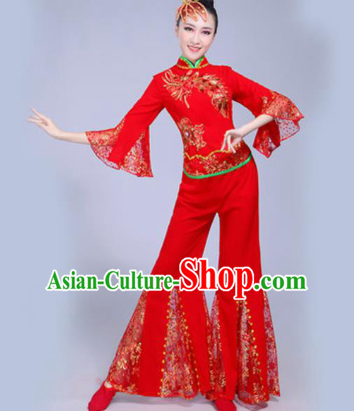 Chinese Traditional Yangko Dance Red Costumes Folk Dance Fan Dance Clothing for Women