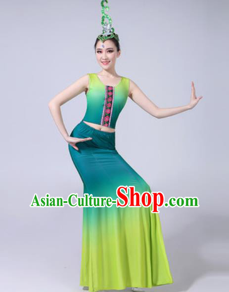 Chinese Ethnic Costumes Traditional Dai Nationality Peacock Dance Folk Dance Gradient Green Dress for Women