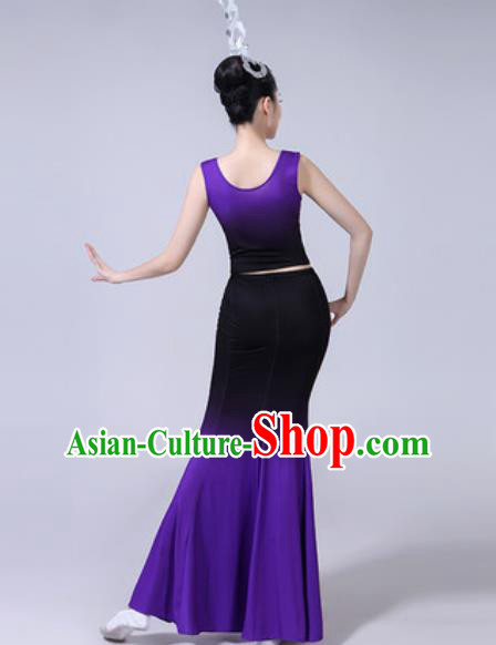 Chinese Ethnic Costumes Traditional Dai Nationality Peacock Dance Folk Dance Gradient Purple Dress for Women