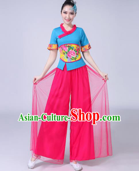 Traditional Chinese Yangko Dance Rosy Veil Costumes Folk Dance Fan Dance Clothing for Women