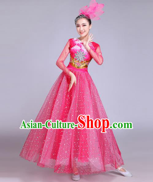 Professional Modern Dance Pink Veil Dress Stage Show Chorus Group Dance Costumes for Women