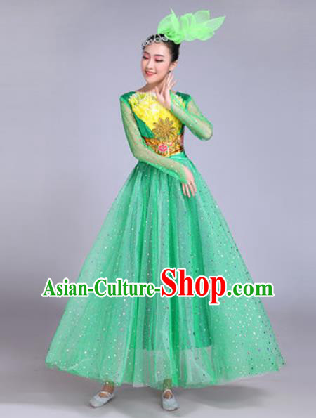 Professional Modern Dance Green Veil Dress Stage Show Chorus Group Dance Costumes for Women