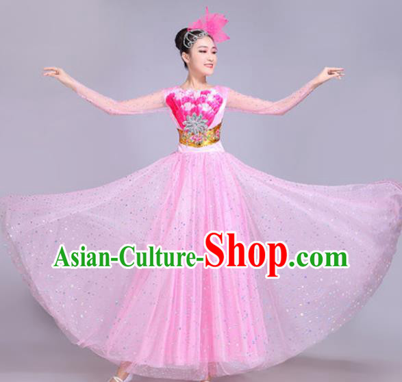 Professional Modern Dance Pink Veil Dress Stage Show Chorus Group Dance Costumes for Women