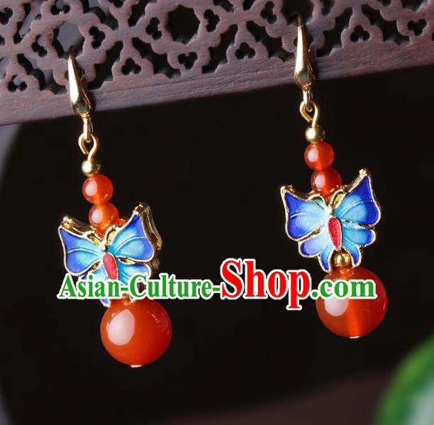 Chinese Traditional Jewelry Accessories National Hanfu Blueing Butterfly Agate Earrings for Women