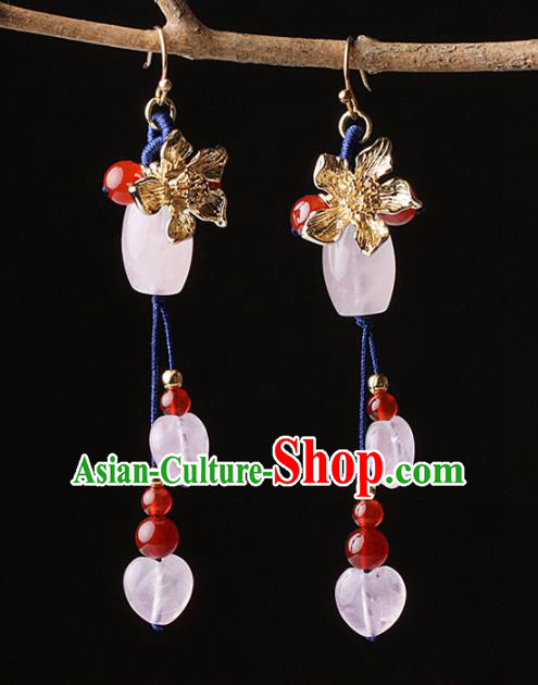 Chinese Traditional Jewelry Accessories National Hanfu Rose Chalcedony Tassel Earrings for Women