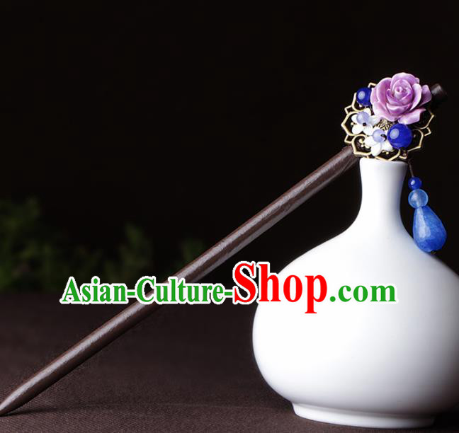 Chinese Traditional Hair Accessories National Hanfu Purple Flowers Tassel Hairpins for Women