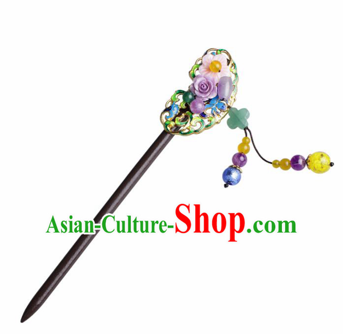 Chinese Traditional Hair Accessories National Hanfu Blueing Tassel Wood Hairpins for Women