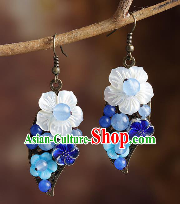 Chinese Traditional Ear Jewelry Accessories National Hanfu Classical Blueing Shell Flower Earrings for Women