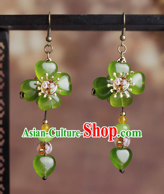 Chinese National Hanfu Classical Green Flower Tassel Earrings Traditional Ear Jewelry Accessories for Women