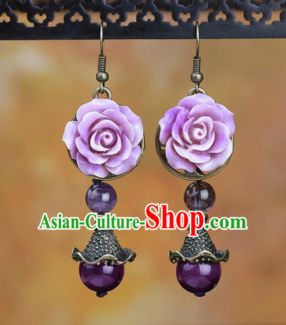 Chinese National Classical Hanfu Purple Rose Earrings Traditional Ear Jewelry Accessories for Women