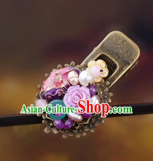 Chinese Traditional Hair Accessories National Hanfu Purple Flowers Pearls Hair Claw for Women