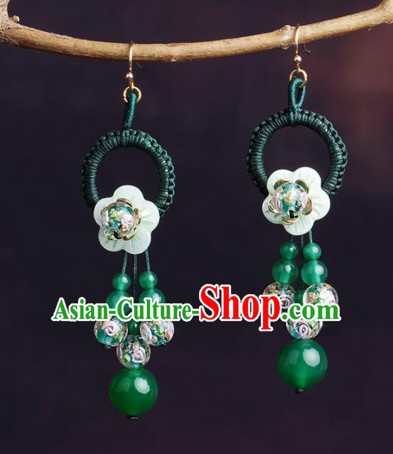 Chinese National Hanfu Classical Green Beads Tassel Earrings Traditional Ear Jewelry Accessories for Women