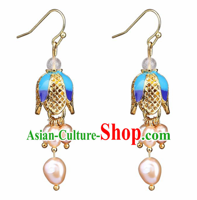 Chinese Yunnan National Classical Pearls Tassel Earrings Traditional Ear Jewelry Accessories for Women