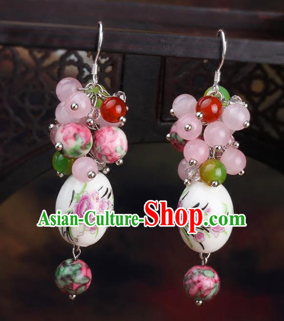 Chinese Yunnan National Classical Ceramics Earrings Traditional Hanfu Ear Jewelry Accessories for Women