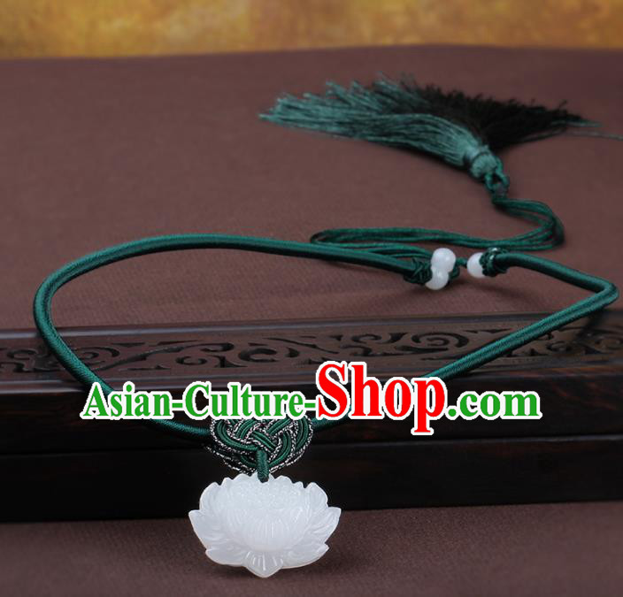 Chinese Yunnan National Classical Carving Lotus Jade Necklace Traditional Hanfu Jewelry Accessories for Women