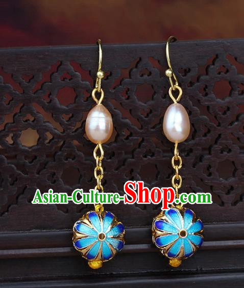 Chinese Yunnan National Classical Pearls Blueing Earrings Traditional Ear Jewelry Accessories for Women