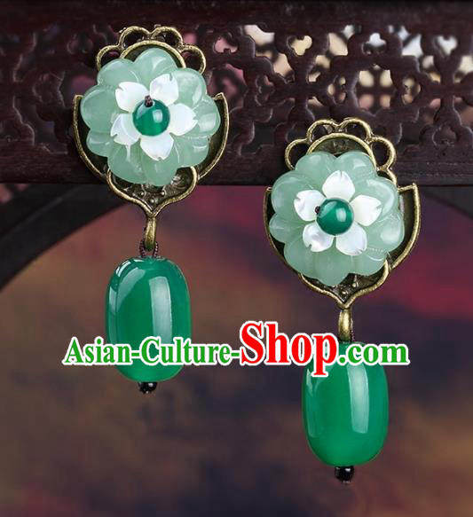 Chinese Yunnan National Classical Green Agate Earrings Traditional Hanfu Ear Jewelry Accessories for Women