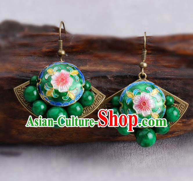 Chinese Yunnan National Cloisonne Green Earrings Traditional Classical Hanfu Ear Jewelry Accessories for Women