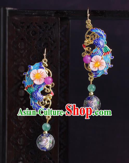 Chinese Yunnan National Classical Blueing Phoenix Earrings Traditional Ear Jewelry Accessories for Women