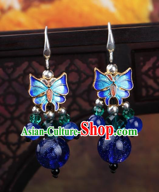 Chinese Yunnan National Classical Blueing Butterfly Earrings Traditional Ear Jewelry Accessories for Women