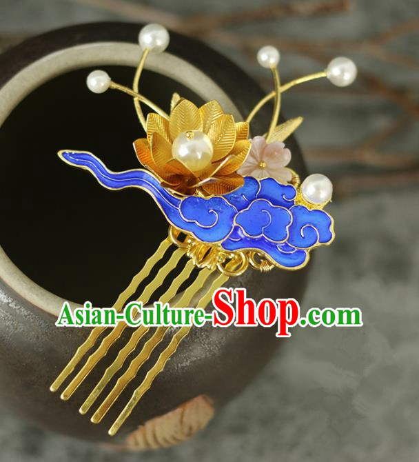 Handmade Chinese Traditional Blueing Lotus Hair Combs Traditional Classical Hanfu Hair Accessories for Women